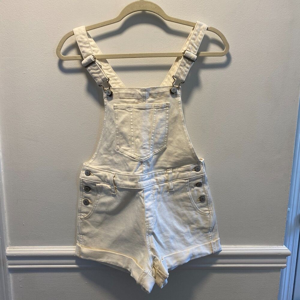 Y2K Coastal Farmcore Old Navy Cream Denim Short Overalls Adjustable Staps NWT XS
